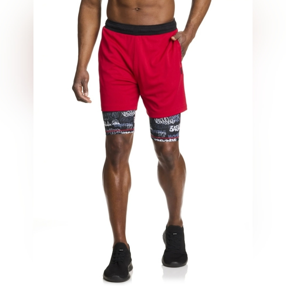 New AND1 Men's medium Compression 2-IN-1 Active Short, 7" Inseam red & black